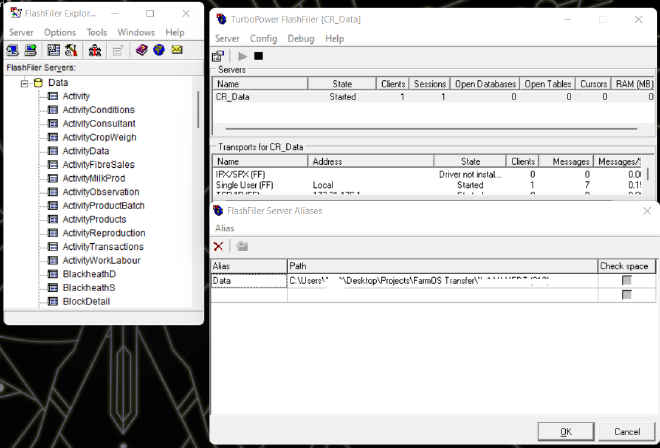 Screenshot of the FF Server and FF Explorer displaying the list of tables