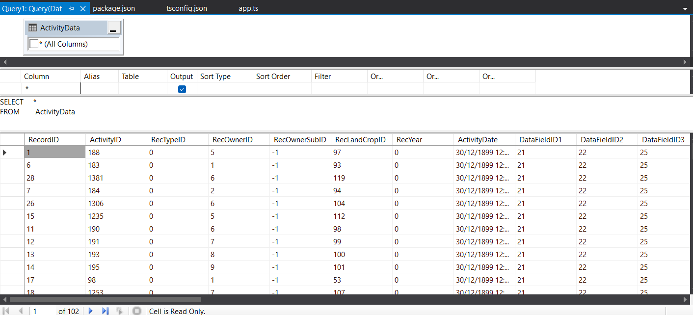 Screenshot of a portion of Visual Studio showing a successful query of one of thr FF Tables via ODBC