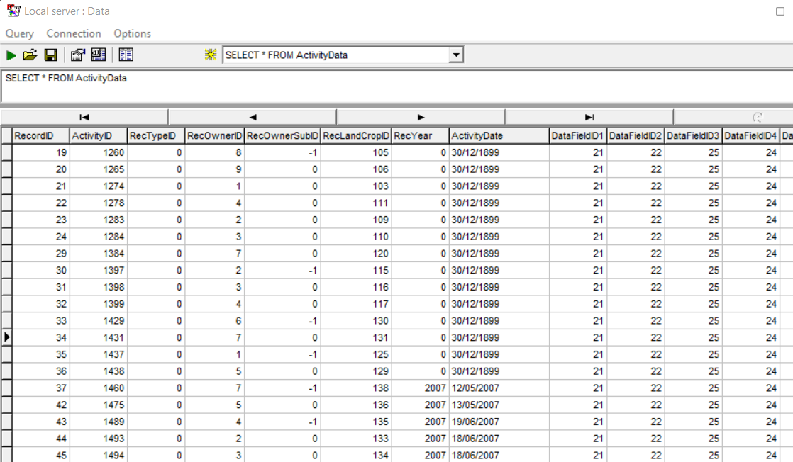 Screenshot of a SQL query returning data in the table we looked at as plain text earlier