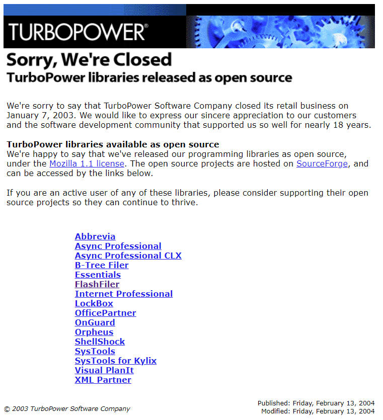 Screenshot of the TurboPower closing website.