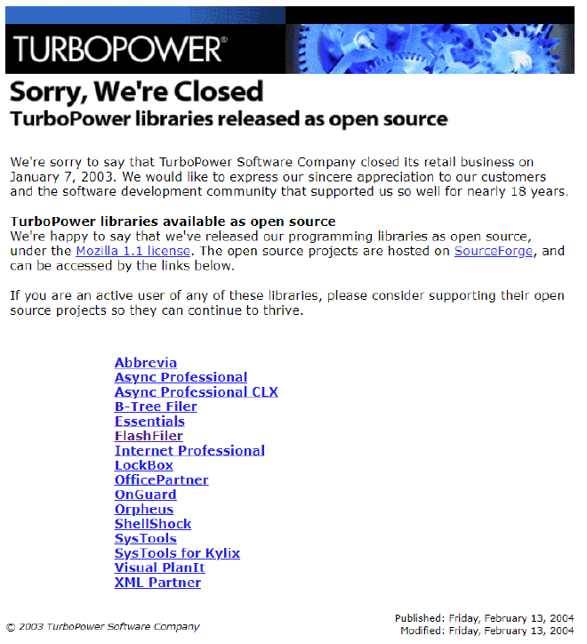 Screenshot of the TurboPower closing website.