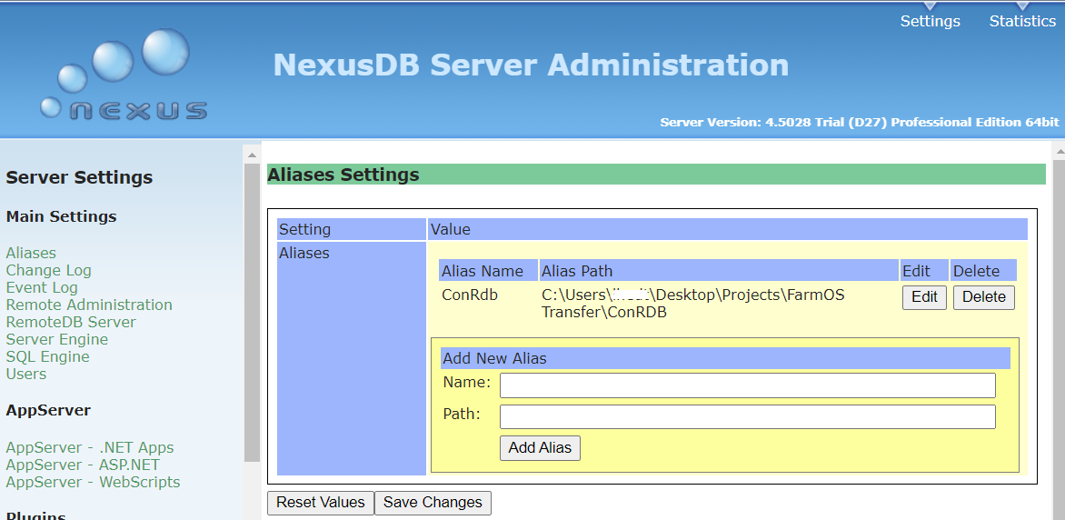 NexusDb Portal Adding an Alias Screenshot