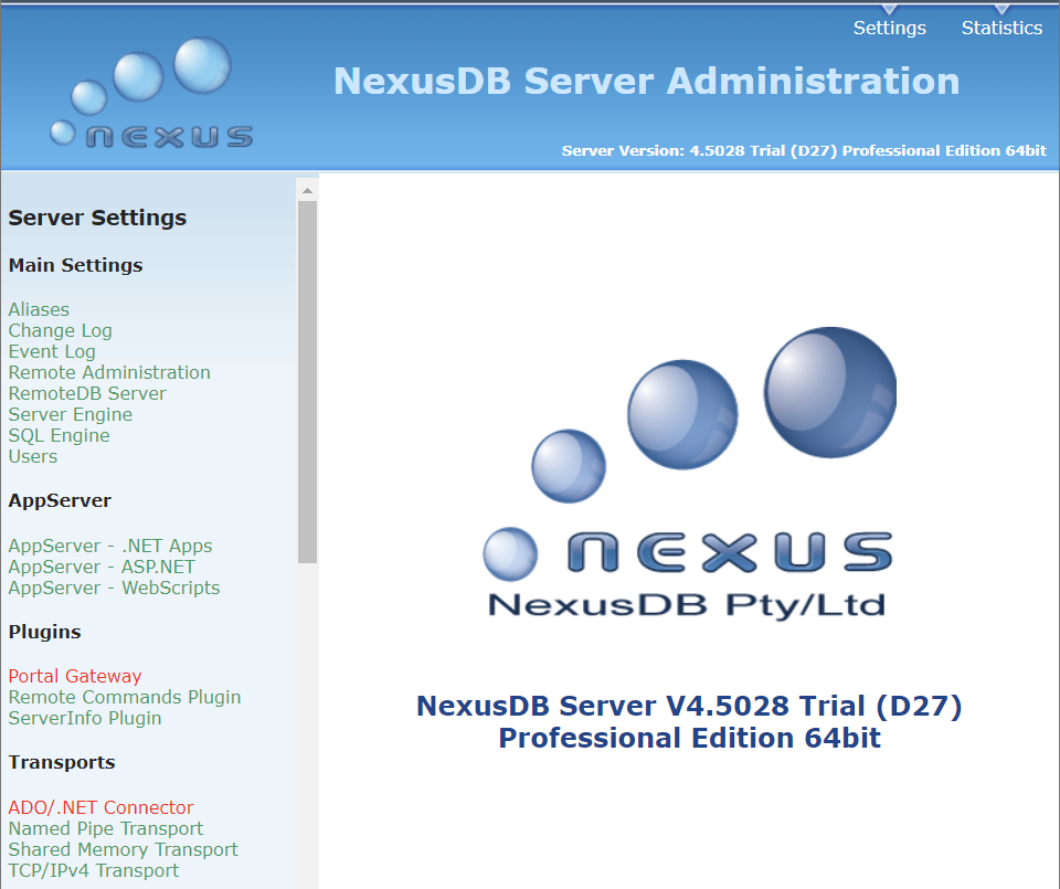 NexusDB Admin Portal Screenshot