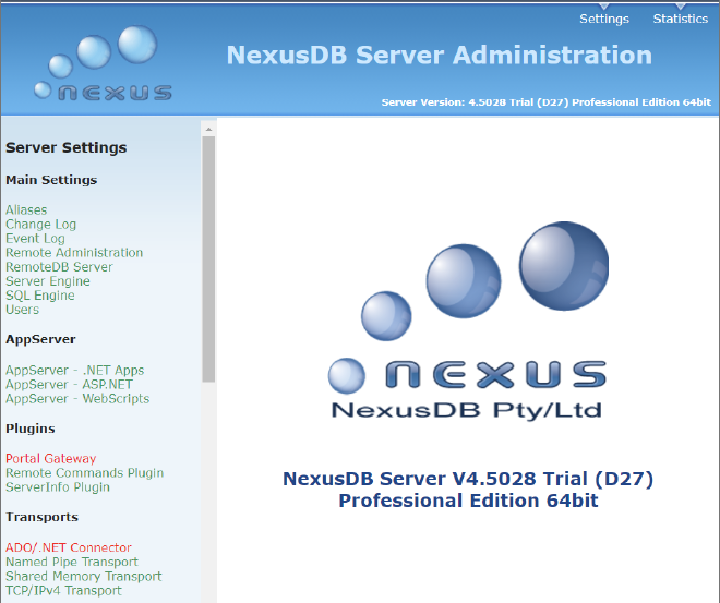 NexusDB Admin Portal Screenshot