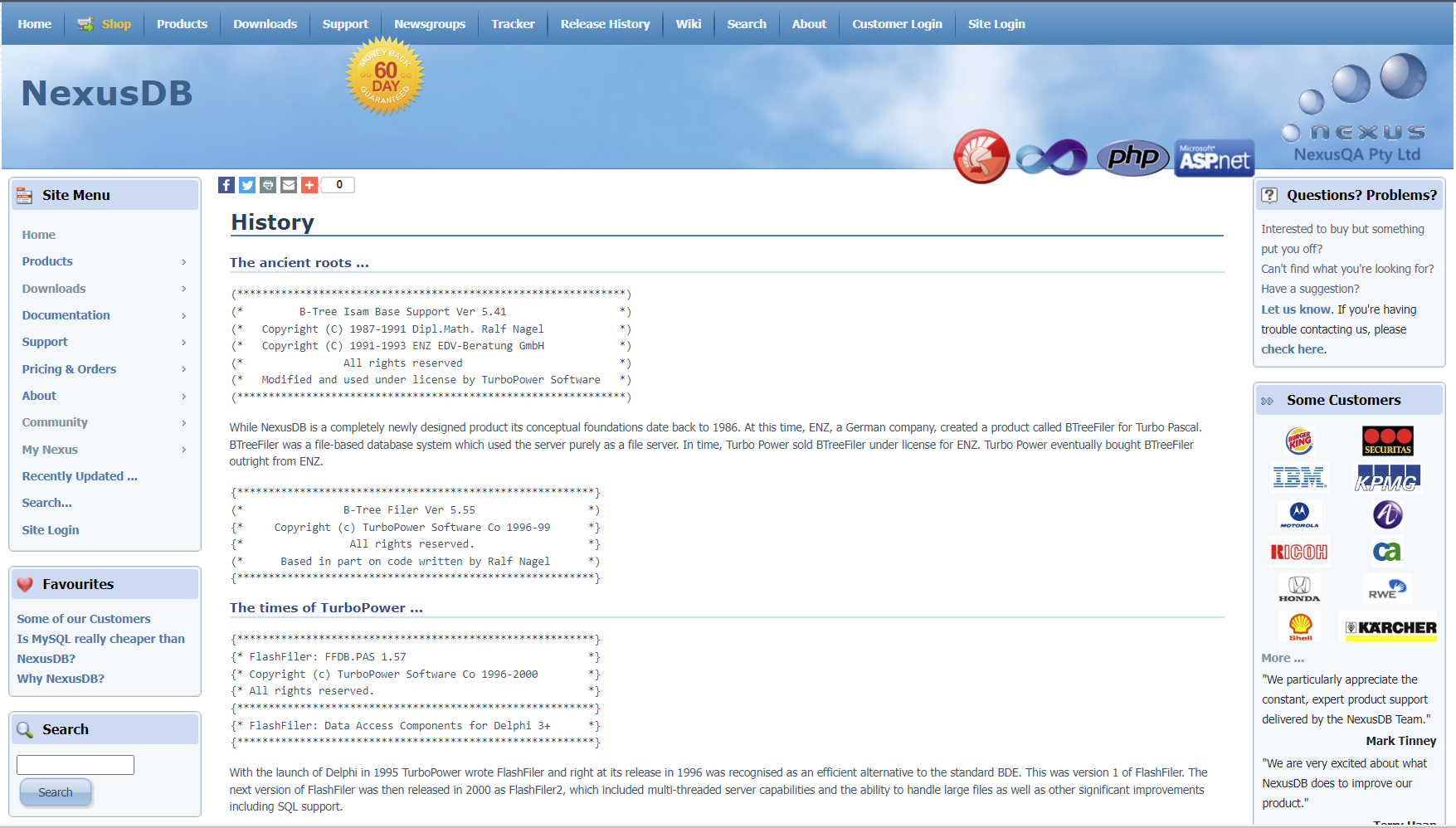 A screenshot of the NexusDB Website - It looks straight out of 2005