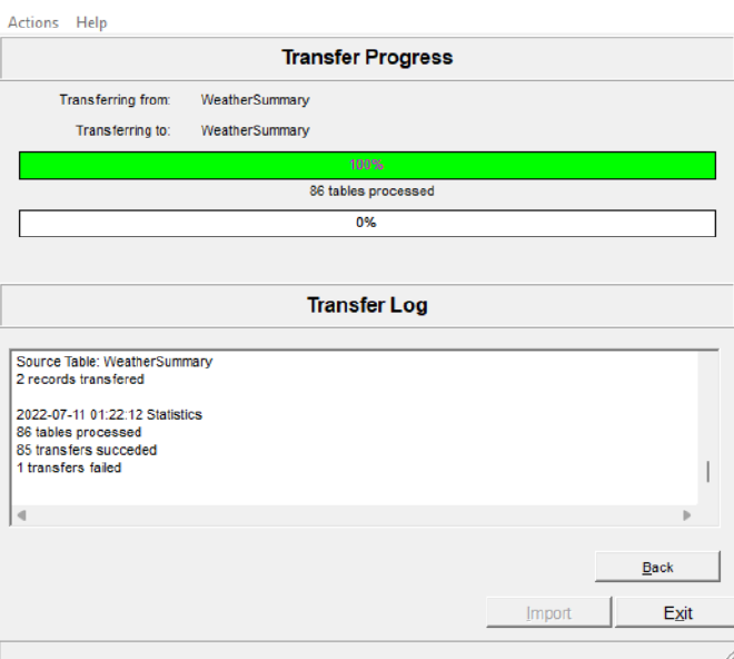 Screenshot showing the successful importing of all the tables