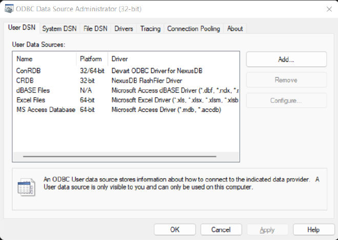 Screenshot of the systems' ODBC Drivers admin panel