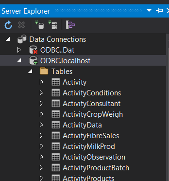 Screenshot of the Server Explorer in Visual Studio, showing all the tables in the DB